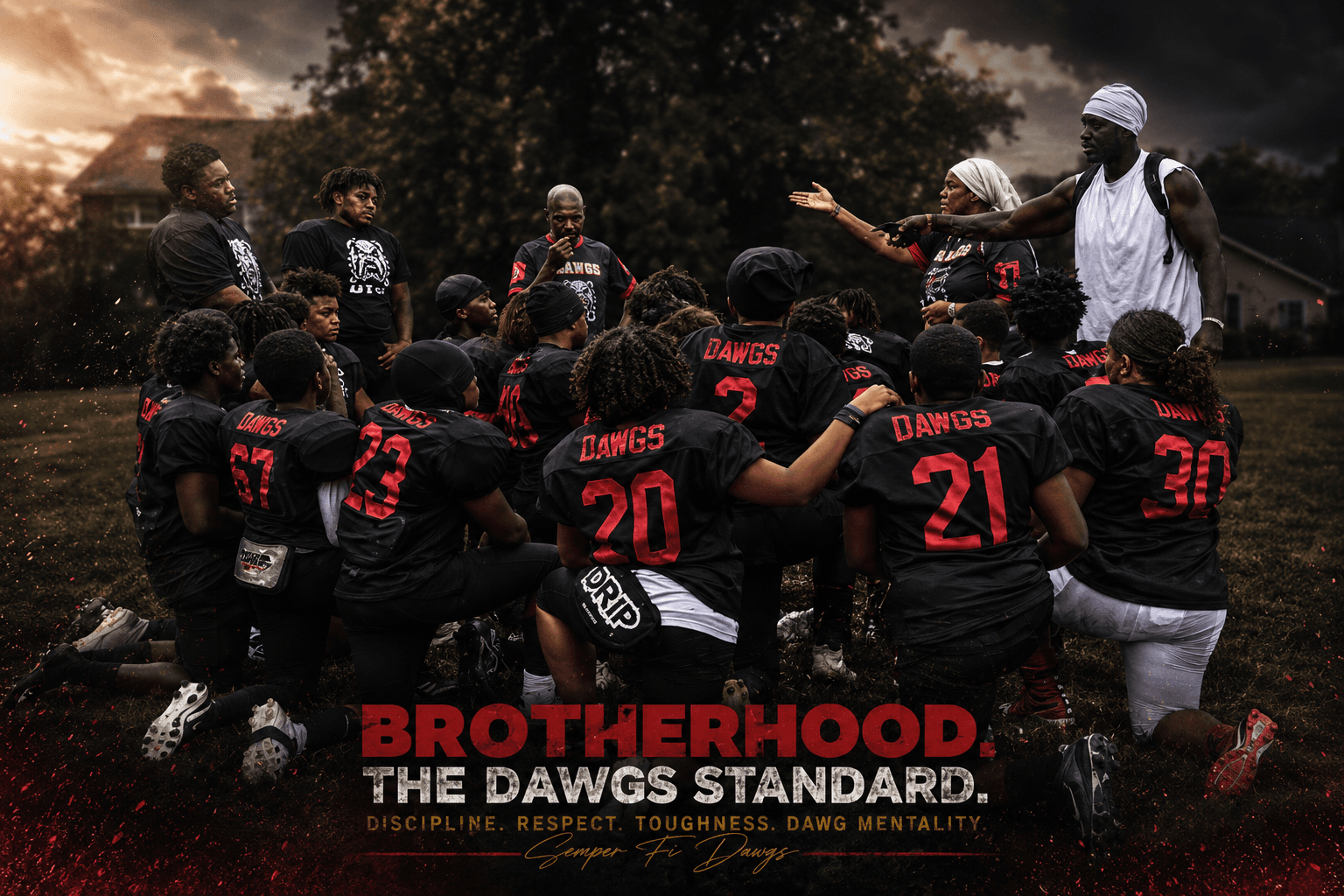 Semper Fi Dawgs players kneeling with coaches in a brotherhood huddle representing discipline and development
