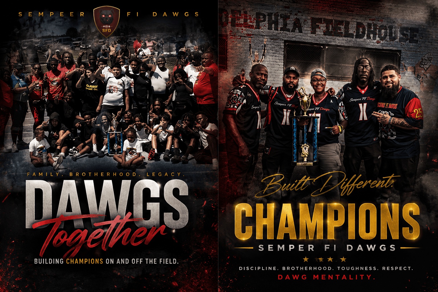 Semper Fi Dawgs championship legacy collage featuring family, team group, coaches, and trophy celebration