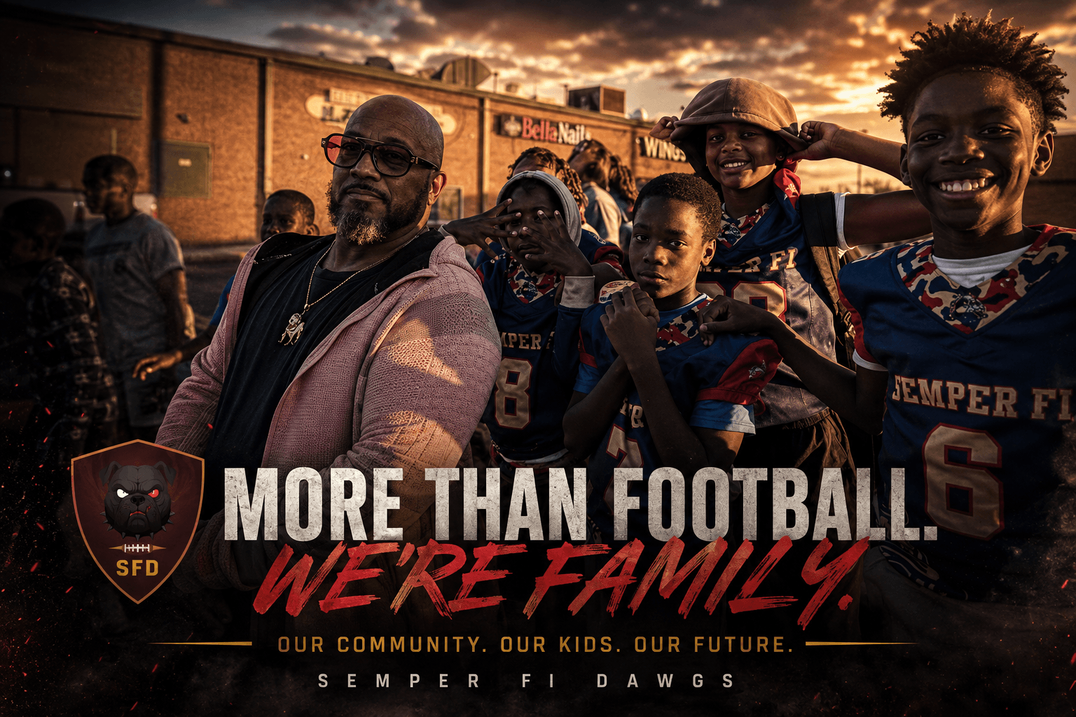 Semper Fi Dawgs youth players with an adult community figure, representing family and community support