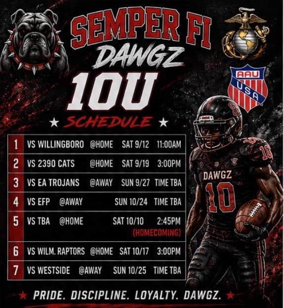Semper Fi Dawgs 2026 10U division schedule card supplied by Ray Jerry