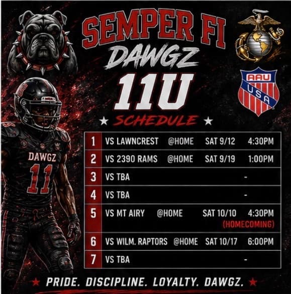 Semper Fi Dawgs 2026 11U division schedule card supplied by Ray Jerry