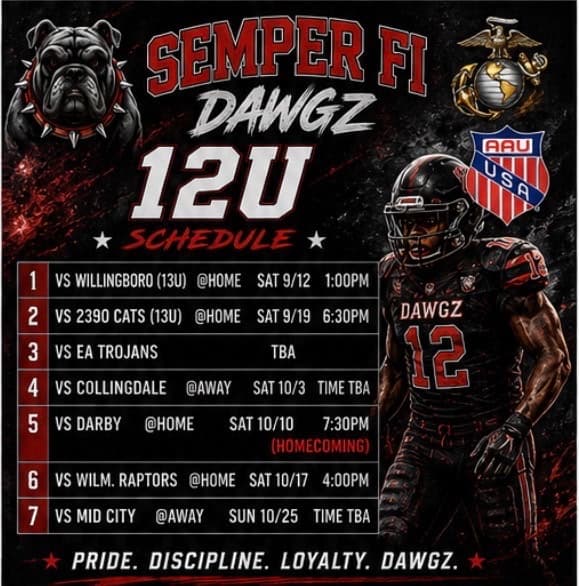 Semper Fi Dawgs 2026 12U division schedule card supplied by Ray Jerry