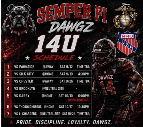 Semper Fi Dawgs 2026 14U division schedule card supplied by Ray Jerry