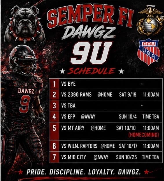 Semper Fi Dawgs 2026 9U division schedule card supplied by Ray Jerry